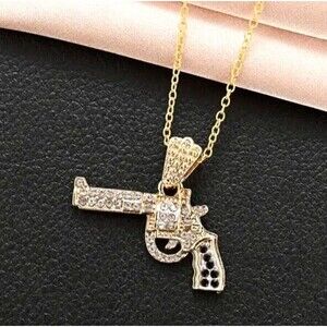 ICED Gold Pistol Hand Gun Clear & Black RHINESTONES on Gold Necklace